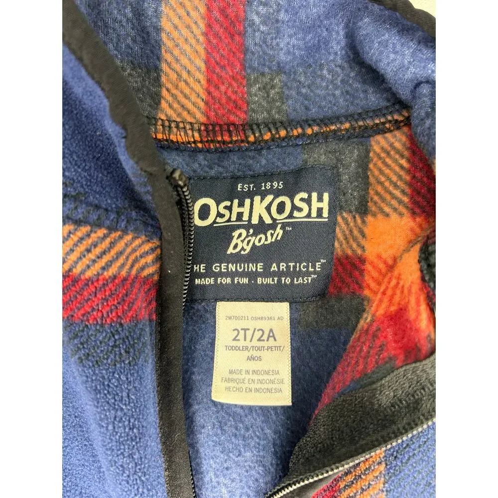 OshKosh B’gosh Toddler 2T Plaid Fleece Jacket Blue Red Full Zip Unisex Kids